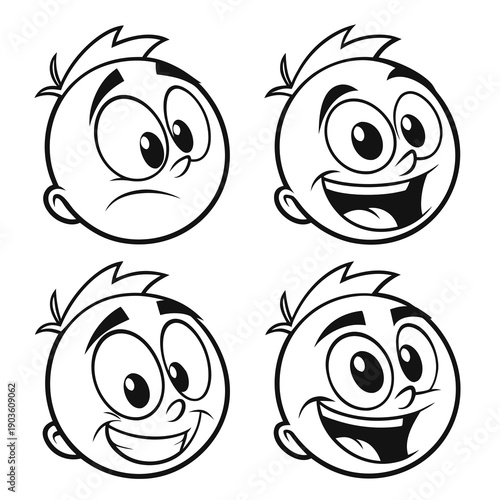Four expressive cartoon faces showcasing a range of emotions and feelings