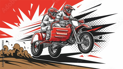 Motorcycle with two riders in action illustration against red and white background