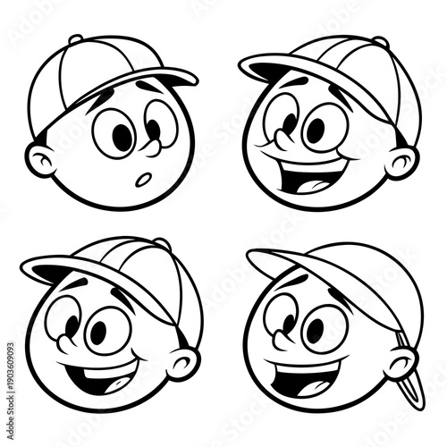 Four cartoon characters with hats displaying various expressions and emotions