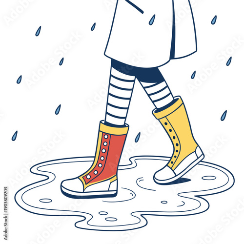 A person in a white coat and colorful socks steps into a puddle on a rainy day
