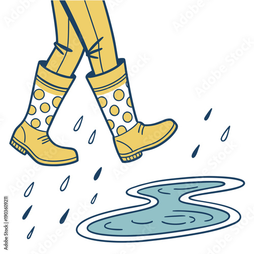A person walking in the rain with yellow rain boots and a puddle forming.