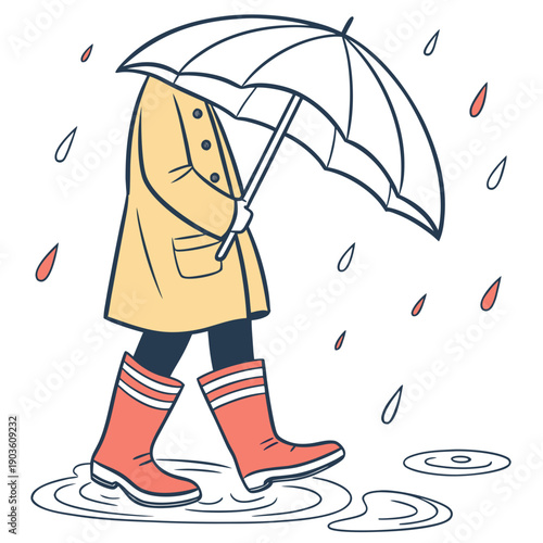 A person walking in the rain with a yellow raincoat and red boots