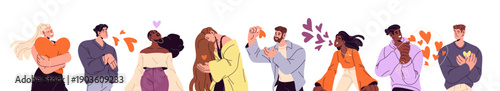 Set of people with hearts. Men and women with romantic feelings, air kiss, self care and symbols of affection. Concept of love expression. Flat isolated vector illustrations on white background.
