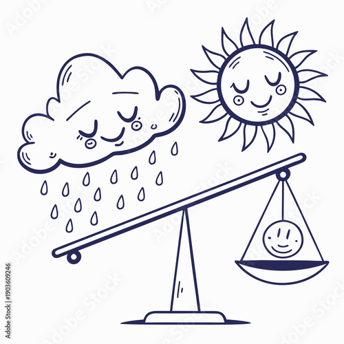 A whimsical illustration of a seesaw balancing a sun and a cloud