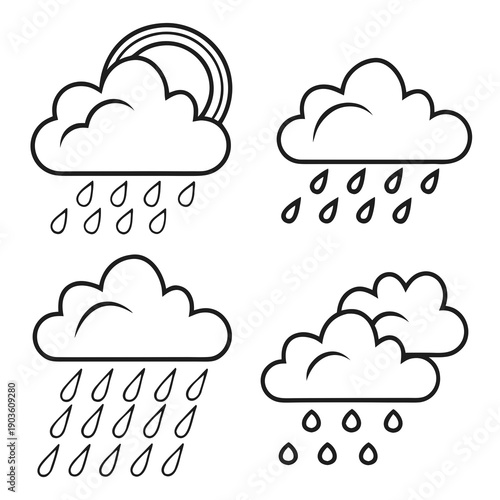 Four distinct illustrations of clouds with varying precipitation patterns