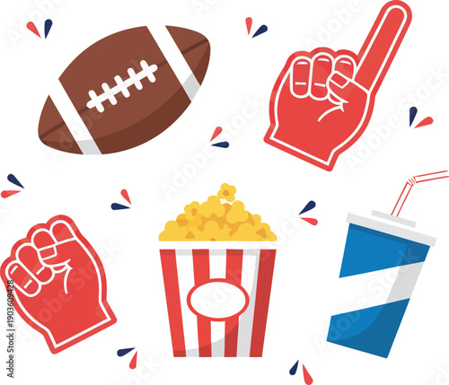 Exciting sports day celebration with football, gloves, popcorn, and drink on a vibrant background from a top view