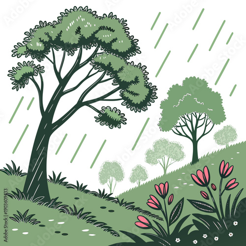 A serene landscape with trees and flowers under a gentle rain