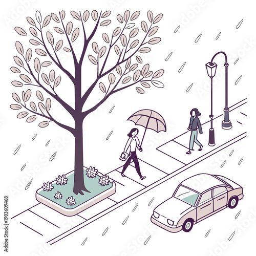 A person with an umbrella walks past a tree and a car on a rainy day.