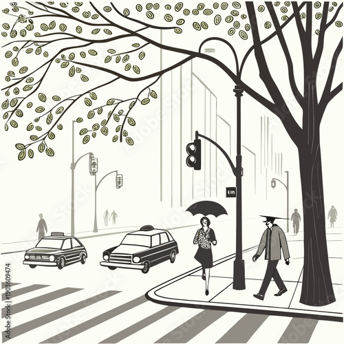 A rainy day in the city with people walking under umbrellas and cars driving by.