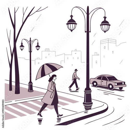 A woman with an umbrella walks down a rainy street with a car passing by.