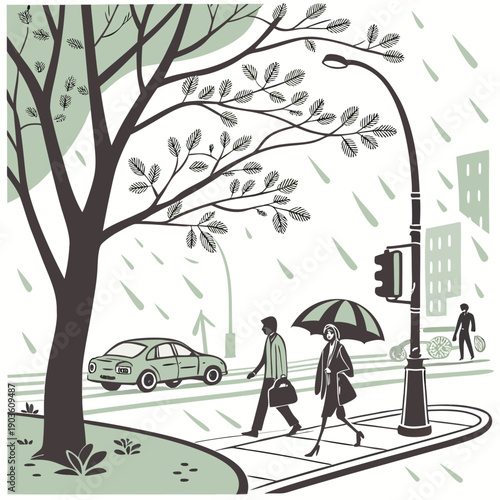 A serene park scene with people enjoying a stroll under blooming trees