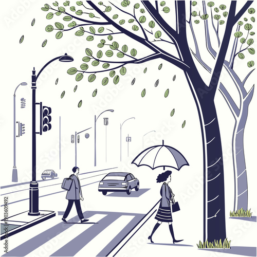 A woman with an umbrella crosses a busy street in the rain, while cars and a cyclist navigate the wet roads.