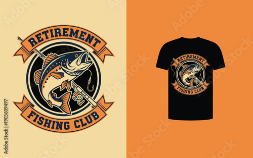 A t shirt design featuring a colorful fish graphic with retirement fishing club text high quality