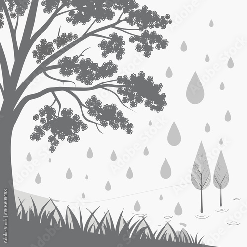 A serene landscape featuring a solitary tree and falling raindrops on a grassy field