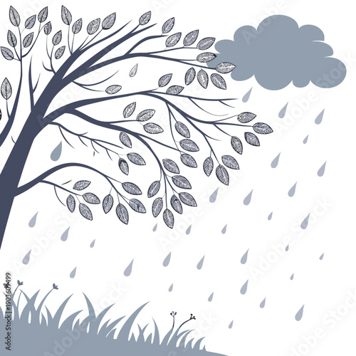 A serene landscape with a lone tree standing amidst falling snow and a distant cloud.