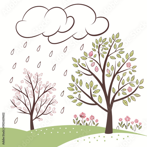 A serene landscape with blossoming trees and a gentle rain shower under cloudy skies.