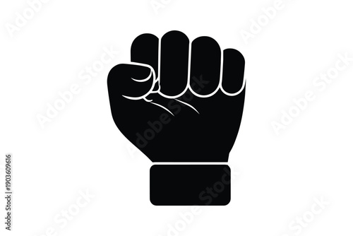 Black silhouette of clenched fist raised up isolated on white background for protest or power