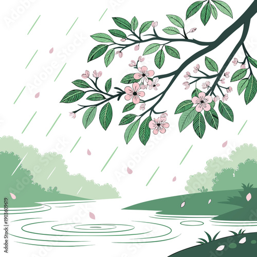 A serene landscape with a calm river, lush greenery, and a gentle rain
