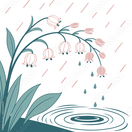 A serene scene of a pond with blooming flowers and gentle raindrops falling around it.