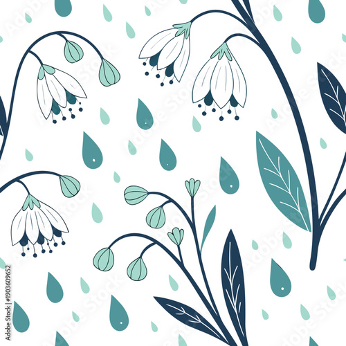 A beautiful abstract pattern of blue flowers and raindrops on a white background