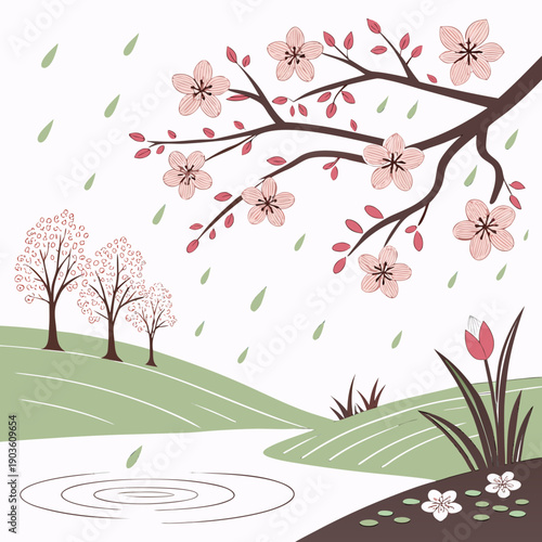 A serene landscape with blooming cherry blossom trees and a gentle stream.