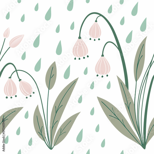 Delicate pink flowers with green leaves on a white background with raindrops