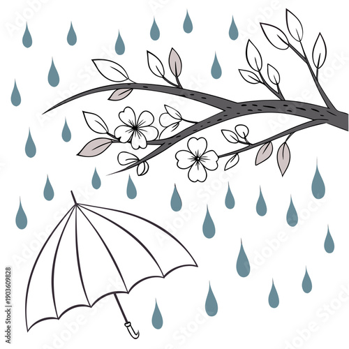 A person holding an umbrella under a tree during a rainy day with raindrops falling.