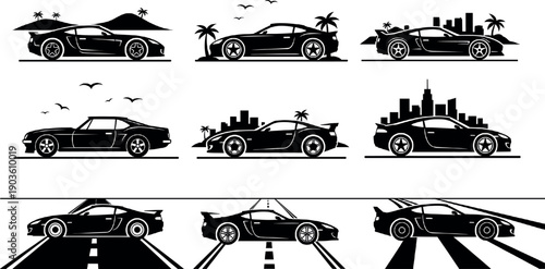 Black silhouette collection of modern sport cars with city, beach and highway backgrounds for travel and automotive design isolated on white background