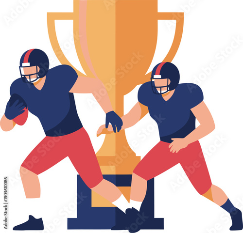 Two American football players celebrating victory with a large trophy in a triumphant pose