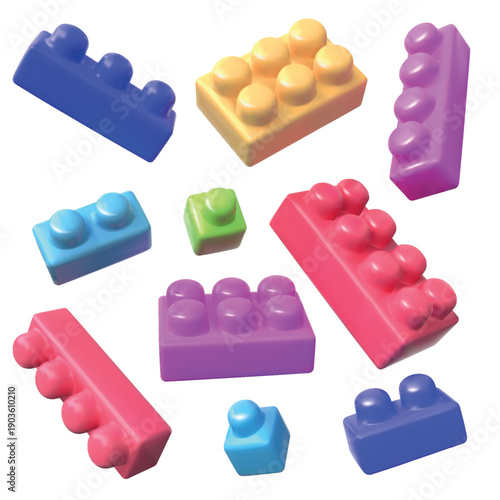 Toy blocks. Realistic plastic bricks. Pink and purple constructor elements for puzzle. Geometric shape. Build cube. Playing children figures. Vector 3D objects set on white background