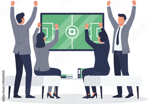 Group of people celebrating a sports victory in front of a large screen displaying a soccer field