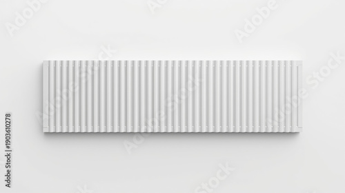A realistic 3D render showcases a long white corrugated sheet panel with vertical ridges and wavy top and bottom edges, set against a plain white background. The image adopts a minimalist product phot