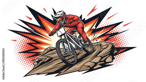 Mountain biker in red outfit descending a rocky hill against explosive backdrop