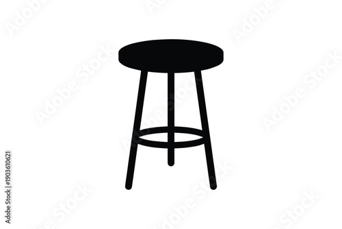 Modern wooden stool silhouette with three legs and circular seat isolated on white background furniture icon