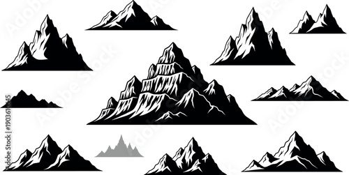 Black silhouette collection of rugged mountain peaks, ridges and alpine ranges for wilderness, adventure and outdoor landscape design isolated on white background
