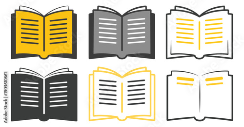 Open Book Icons in Multiple Colors and Styles, Vector Illustration of Books in Gold-Brown, Gray, Black-Gold, and Black Outline, Education, Reading, and Knowledge Design Elements.