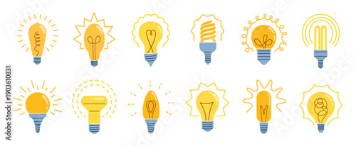 Cartoon bulb. Electricity led light, creative retro doodle design or technology, energy graphic innovation and inspiration symbol. Creative idea. Fluorescent illumination. Vector icons set