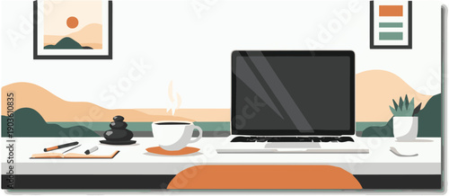 Modern workspace with laptop, coffee, and stationery on a sleek desk in a serene environment