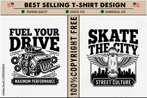 Fuel your drive maximum performance and skate the city street culture tshirt designs with engine and skateboard illustrations isolated on transparent background