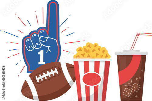 Vibrant sports day snacks and finger food with foam finger gesture at a lively stadium event