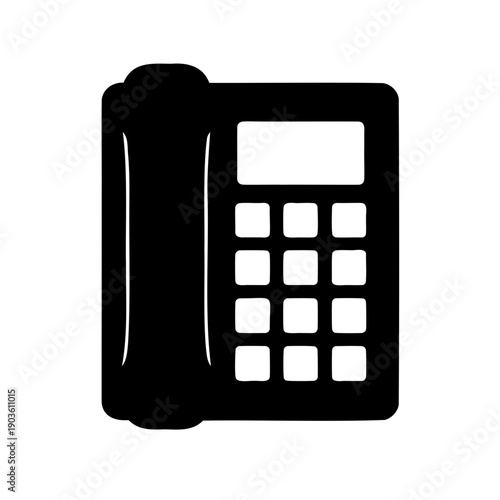 Black and white graphic of a traditional landline telephone with buttons