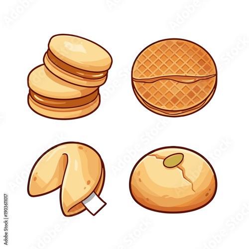 Flat cartoon vector illustration of four distinct baked snacks including sandwich cookies, a stroopwafel, a fortune cookie, and a filled pastry.