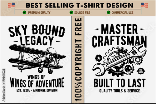 Tshirt designs with vintage airplane and mechanical tools graphics with text overlays isolated on transparent background