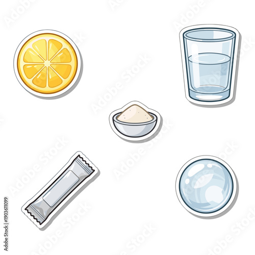 A cartoon vector sticker set of drink preparation ingredients with a lemon slice, water glass, powder, sachet, and effervescent tablet.
