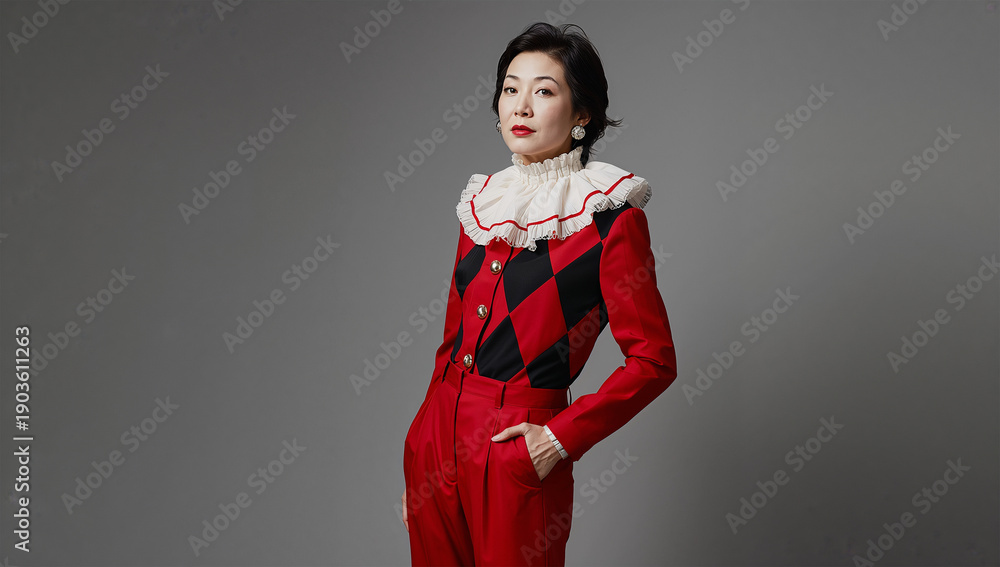 Fototapeta premium 中年の日本人モデルが洗練された道化師衣装で広告風に立つ