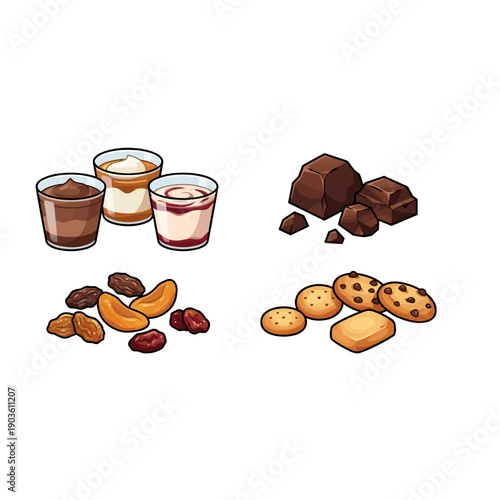 A colorful vector illustration of dessert components featuring puddings, chocolate chunks, cookies, nuts, and dried fruit, isolated on white.