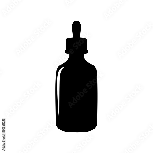 Black Silhouette Illustration of Essential Oil Bottle with Dropper on White