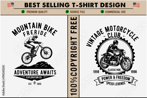 Vintage motorcycle and mountain bike designs for tshirts and apparel featuring riders in action with classic and modern elements