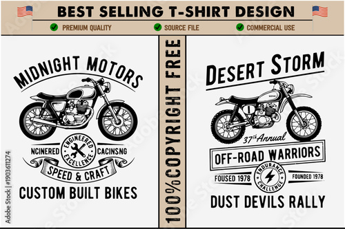 Vintage motorcycle graphic designs for tshirts and apparel featuring custom built bikes and offroad warriors in a retro style finish