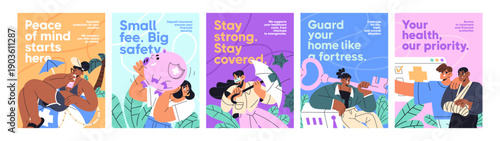 Advertising posters designs of insurance and assurance policies. Promotion templates of protection of health, life, real estate and cars. Medicine and finance safety. Flat vector illustrations.